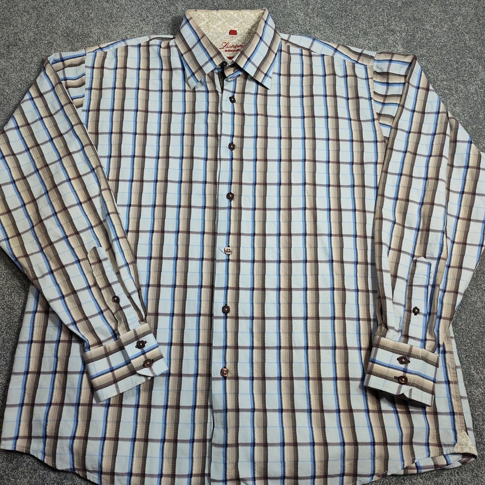 Luciano Visconti Men's XL Blue Brown Plaid 2-Ply Mercerized Cotton Shirt